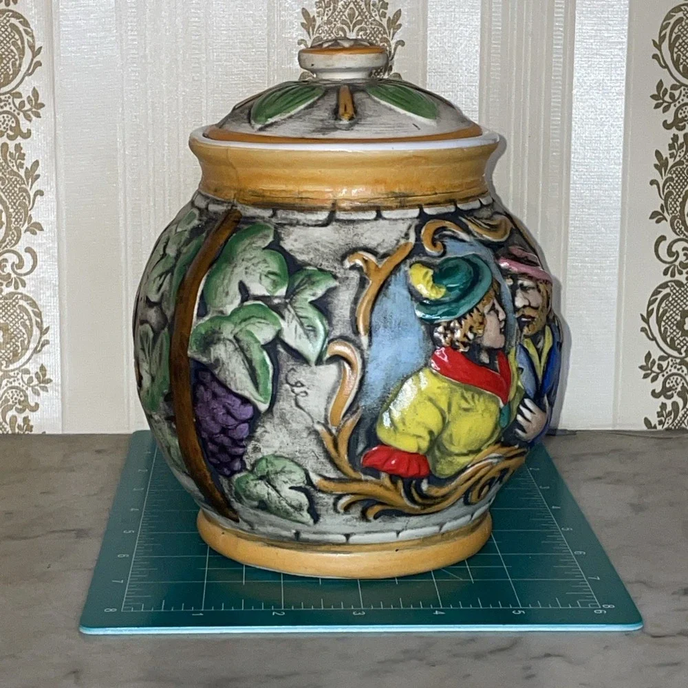 Vintage Ceramic Bavarian Biscuit or‎ Tobacco Jar | Hand Painted Lovers in Relief
